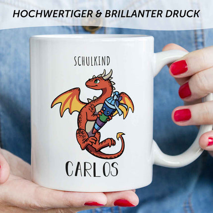 SEO. Bedruckte Tasse mit Motiv - Einschulung Drache - Rot - Weiß Linkreich