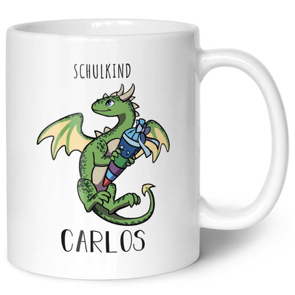 SEO. Bedruckte Tasse mit Motiv - Einschulung Drache - Grün - Weiß Linkreich