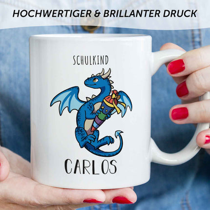 SEO. Bedruckte Tasse mit Motiv - Einschulung Drache - Blau - Weiß Linkreich