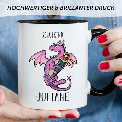 SEO. Bedruckte Tasse mit Motiv - Einschulung Drache - Rosa - Schwarz & Weiß Linkreich