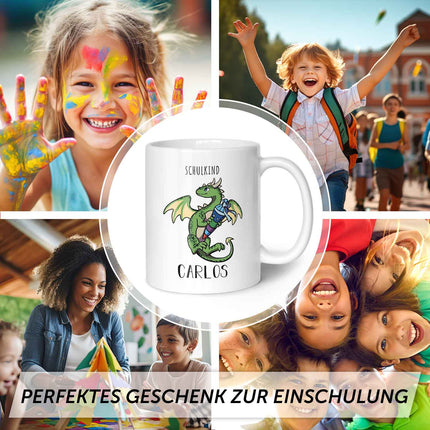 SEO. Bedruckte Tasse mit Motiv - Einschulung Drache - Grün - Weiß Linkreich