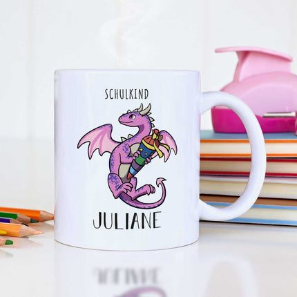 SEO. Bedruckte Tasse mit Motiv - Einschulung Drache - Rosa - Weiß Linkreich