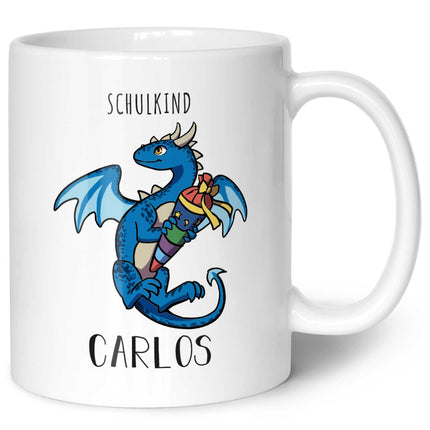 SEO. Bedruckte Tasse mit Motiv - Einschulung Drache - Blau - Weiß Linkreich