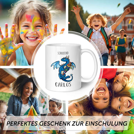 SEO. Bedruckte Tasse mit Motiv - Einschulung Drache - Blau - Weiß Linkreich