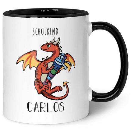 SEO. Bedruckte Tasse mit Motiv - Einschulung Drache - Rot - Schwarz & Weiß Linkreich