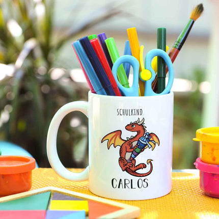 SEO. Bedruckte Tasse mit Motiv - Einschulung Drache - Rot - Weiß Linkreich