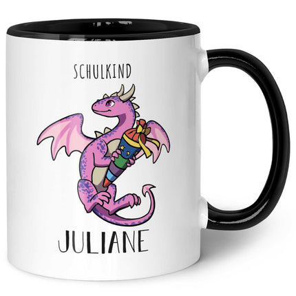 SEO. Bedruckte Tasse mit Motiv - Einschulung Drache - Rosa - Schwarz & Weiß Linkreich