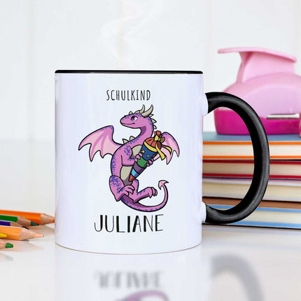 SEO. Bedruckte Tasse mit Motiv - Einschulung Drache - Rosa - Schwarz & Weiß Linkreich