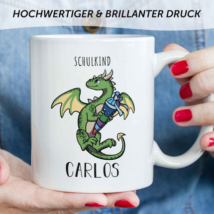 SEO. Bedruckte Tasse mit Motiv - Einschulung Drache - Grün - Weiß Linkreich