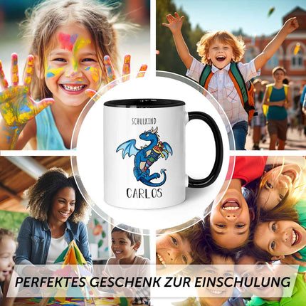 SEO. Bedruckte Tasse mit Motiv - Einschulung Drache - Blau - Schwarz & Weiß Linkreich