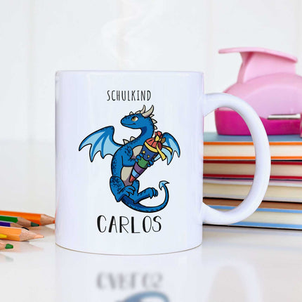 SEO. Bedruckte Tasse mit Motiv - Einschulung Drache - Blau - Weiß Linkreich