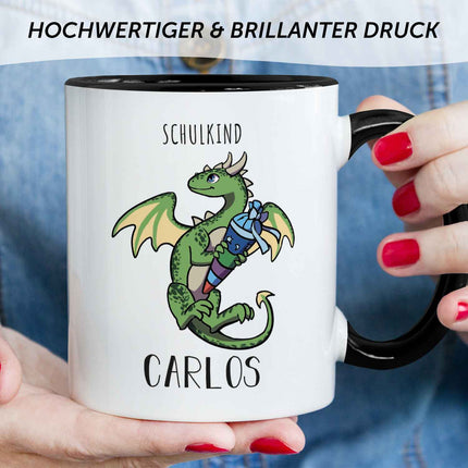 SEO. Bedruckte Tasse mit Motiv - Einschulung Drache - Grün - Schwarz & Weiß Linkreich