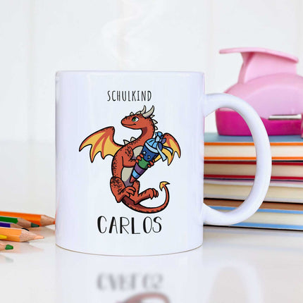 SEO. Bedruckte Tasse mit Motiv - Einschulung Drache - Rot - Weiß Linkreich