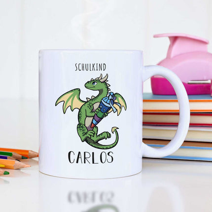 SEO. Bedruckte Tasse mit Motiv - Einschulung Drache - Grün - Weiß Linkreich