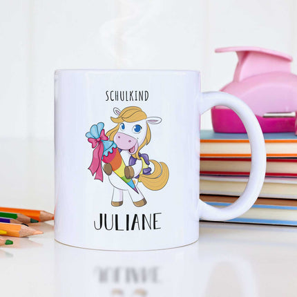 SEO. Bedruckte Tasse mit Motiv - Einschulung Pferd - Blond - Weiß Linkreich