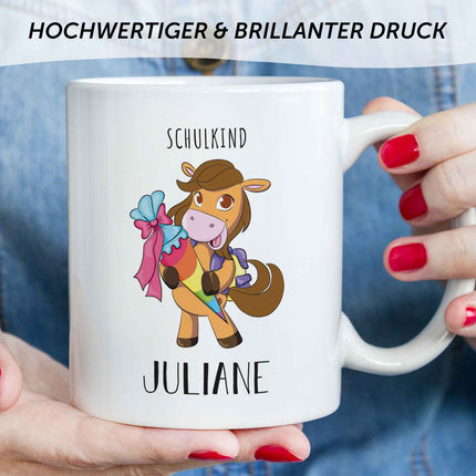 SEO. Bedruckte Tasse mit Motiv - Einschulung Pferd - Hellbraun - Weiß Linkreich