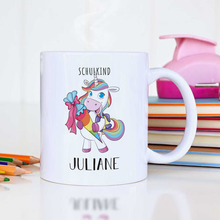 SEO. Bedruckte Tasse mit Motiv - Einschulung Pferd - Einhorn - Weiß Linkreich