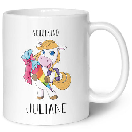 SEO. Bedruckte Tasse mit Motiv - Einschulung Pferd - Blond - Weiß Linkreich