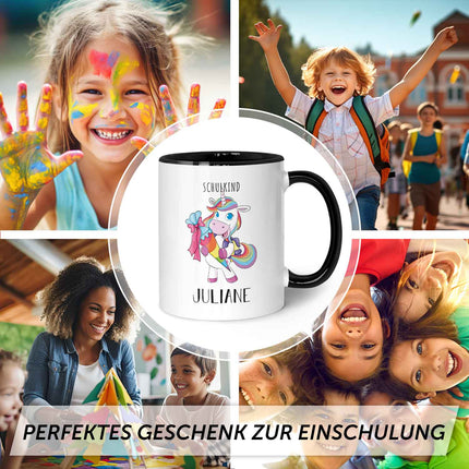 SEO. Bedruckte Tasse mit Motiv - Einschulung Pferd - Einhorn - Schwarz & Weiß Linkreich