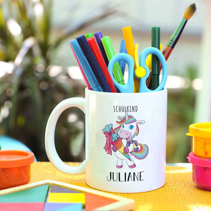 SEO. Bedruckte Tasse mit Motiv - Einschulung Pferd - Einhorn - Weiß Linkreich