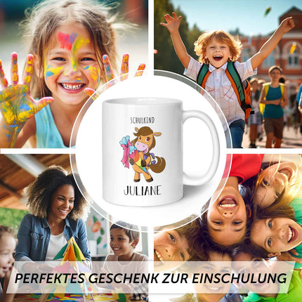 SEO. Bedruckte Tasse mit Motiv - Einschulung Pferd - Hellbraun - Weiß Linkreich