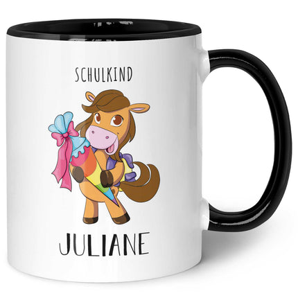 SEO. Bedruckte Tasse mit Motiv - Einschulung Pferd - Hellbraun - Schwarz & Weiß Linkreich