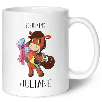 SEO. Bedruckte Tasse mit Motiv - Einschulung Pferd - Dunkelbraun - Weiß Linkreich