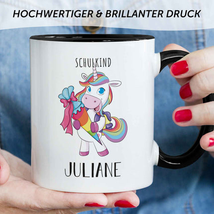 SEO. Bedruckte Tasse mit Motiv - Einschulung Pferd - Einhorn - Schwarz & Weiß Linkreich