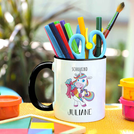 SEO. Bedruckte Tasse mit Motiv - Einschulung Pferd - Einhorn - Schwarz & Weiß Linkreich