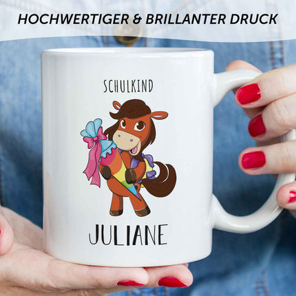 SEO. Bedruckte Tasse mit Motiv - Einschulung Pferd - Dunkelbraun - Weiß Linkreich