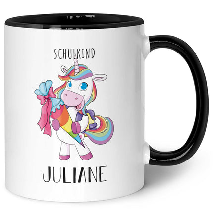 SEO. Bedruckte Tasse mit Motiv - Einschulung Pferd - Einhorn - Schwarz & Weiß Linkreich