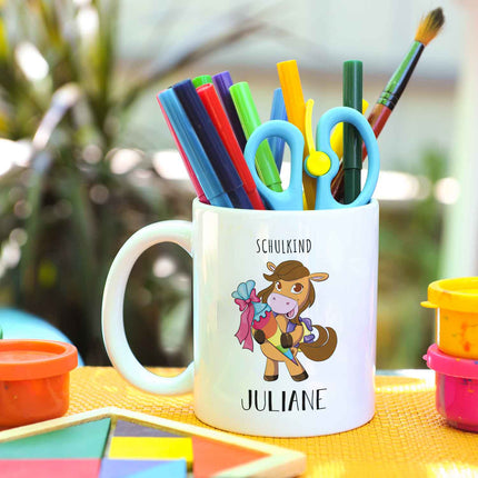SEO. Bedruckte Tasse mit Motiv - Einschulung Pferd - Hellbraun - Weiß Linkreich