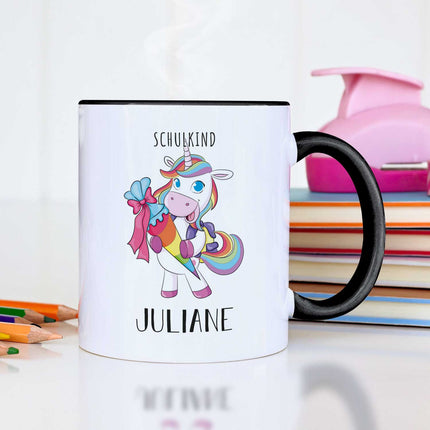 SEO. Bedruckte Tasse mit Motiv - Einschulung Pferd - Einhorn - Schwarz & Weiß Linkreich