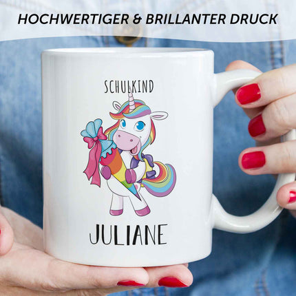 SEO. Bedruckte Tasse mit Motiv - Einschulung Pferd - Einhorn - Weiß Linkreich