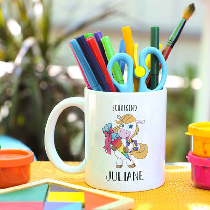 SEO. Bedruckte Tasse mit Motiv - Einschulung Pferd - Blond - Weiß Linkreich