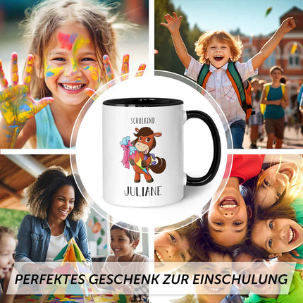 SEO. Bedruckte Tasse mit Motiv - Einschulung Pferd - Dunkelbraun - Schwarz & Weiß Linkreich