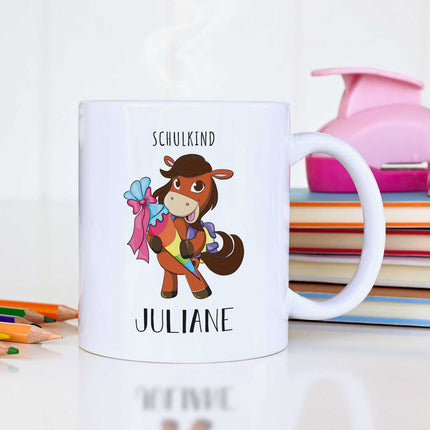 SEO. Bedruckte Tasse mit Motiv - Einschulung Pferd - Dunkelbraun - Weiß Linkreich