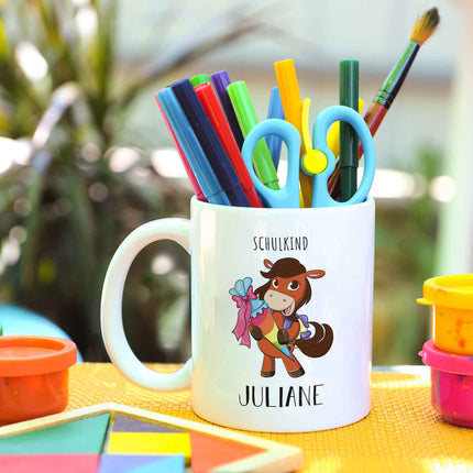 SEO. Bedruckte Tasse mit Motiv - Einschulung Pferd - Dunkelbraun - Weiß Linkreich