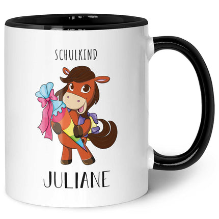 SEO. Bedruckte Tasse mit Motiv - Einschulung Pferd - Dunkelbraun - Schwarz & Weiß Linkreich