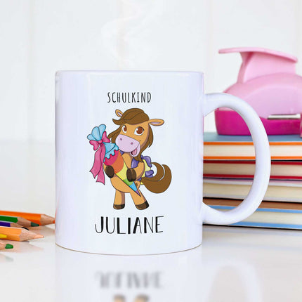 SEO. Bedruckte Tasse mit Motiv - Einschulung Pferd - Hellbraun - Weiß Linkreich
