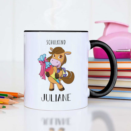 SEO. Bedruckte Tasse mit Motiv - Einschulung Pferd - Hellbraun - Schwarz & Weiß Linkreich