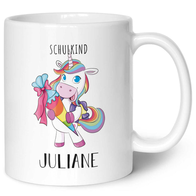 SEO. Bedruckte Tasse mit Motiv - Einschulung Pferd - Einhorn - Weiß Linkreich