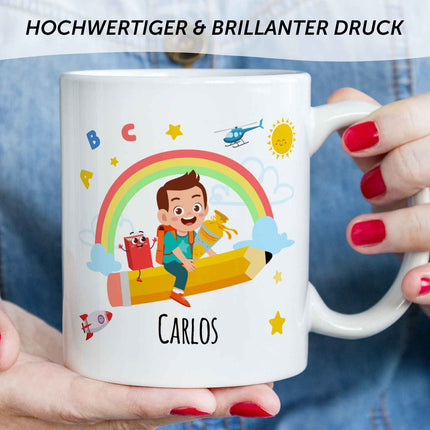 SEO. Bedruckte Tasse mit Motiv Einschulung - Junge Weiß Linkreich