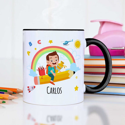 SEO. Bedruckte Tasse mit Motiv Einschulung - Junge Schwarz & Weiß Linkreich