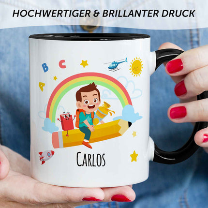 SEO. Bedruckte Tasse mit Motiv Einschulung - Junge Schwarz & Weiß Linkreich