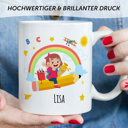 SEO. Bedruckte Tasse mit Motiv Einschulung - Mädchen Weiß Linkreich