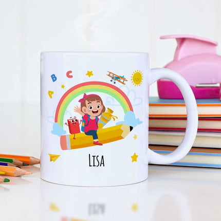 SEO. Bedruckte Tasse mit Motiv Einschulung - Mädchen Weiß Linkreich