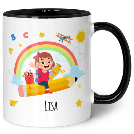 SEO. Bedruckte Tasse mit Motiv Einschulung - Mädchen Schwarz & Weiß Linkreich