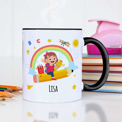 SEO. Bedruckte Tasse mit Motiv Einschulung - Mädchen Schwarz & Weiß Linkreich