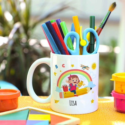 SEO. Bedruckte Tasse mit Motiv Einschulung - Mädchen Weiß Linkreich